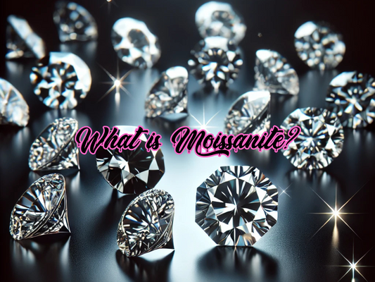 Moissanite gemstones scattered across a dark reflective surface with the text ‘What is Moissanite?’ in bold pink script overlayed in the center.