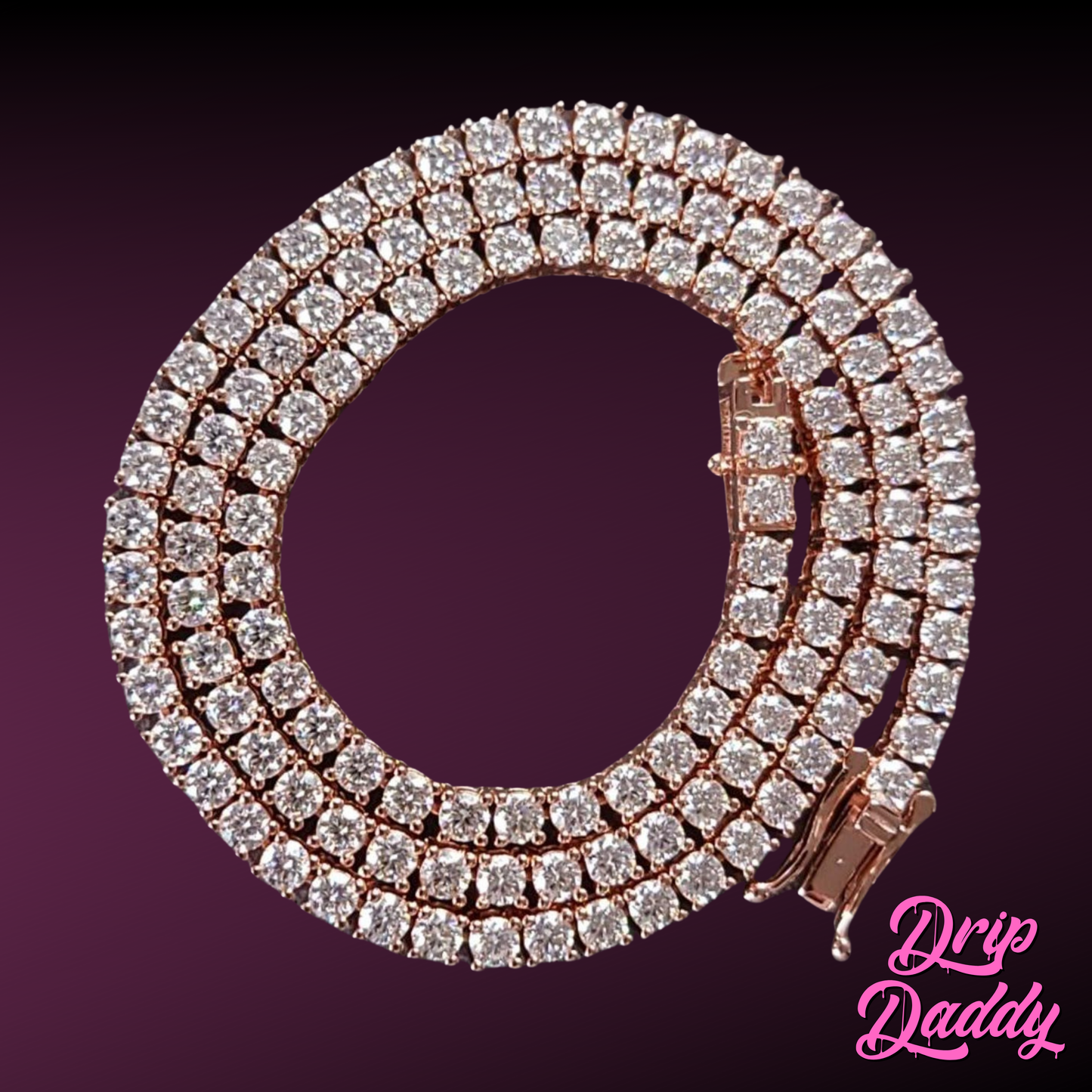 A three-row Drip Daddy Moissanite Tennis Chain (3mm–6mm, rose gold plated) sparkles with round stones, coiled on a dark purple gradient background. “Drip Daddy” appears in pink script at the lower right.