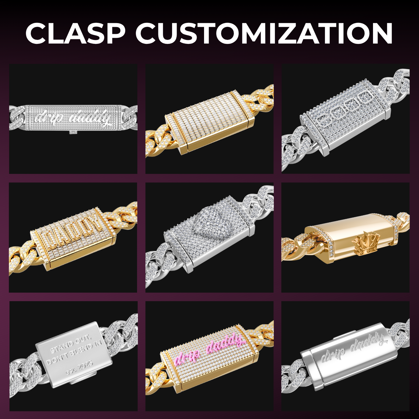 A 3×3 grid displays nine Drip Daddy clasp customization options for G-Link 16mm moissanite chains. Designs include iced-out clasps, engraved logos, pavé patterns, and plate.