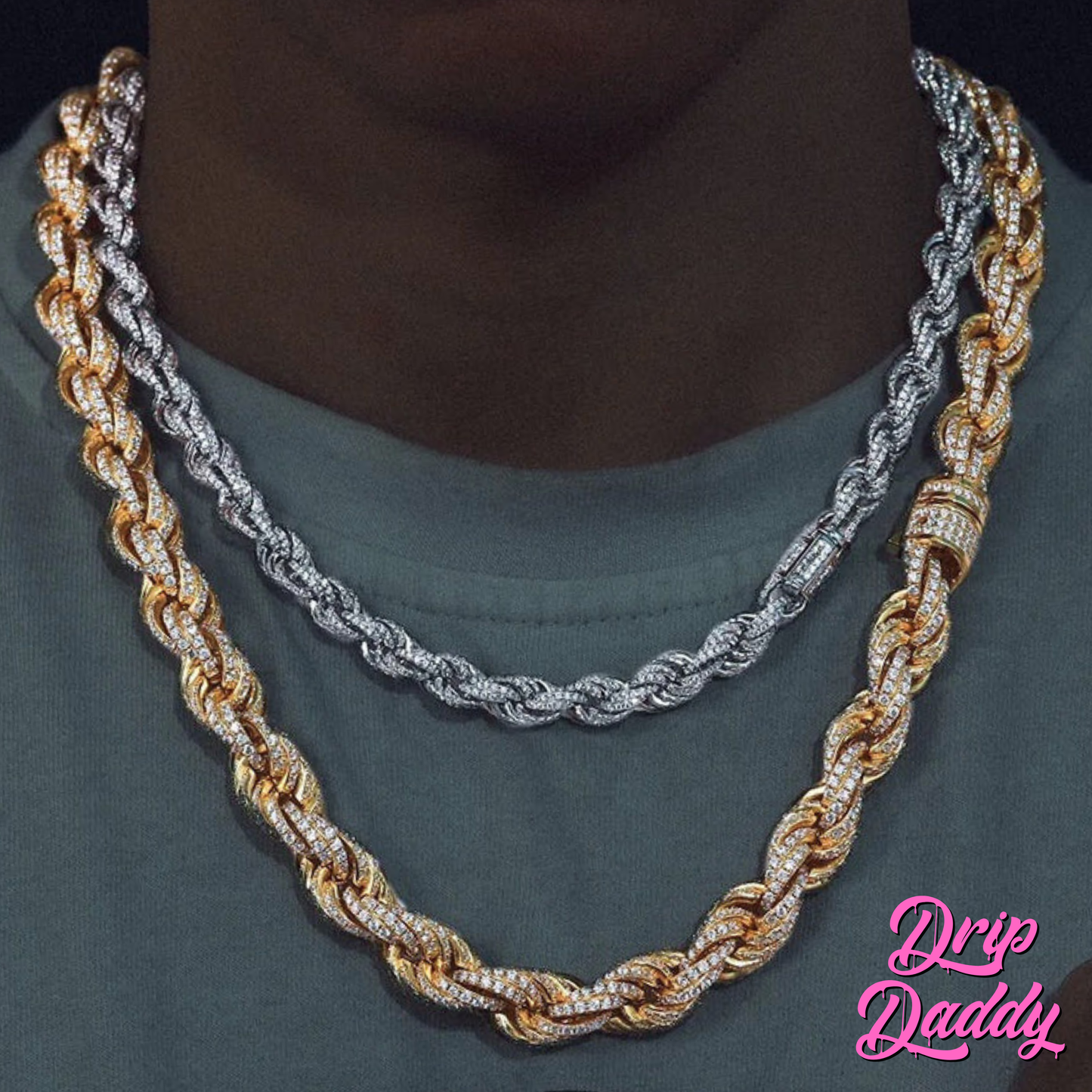 A person wearing Drip Daddy’s Avalanche Rope chains in yellow gold plated and white gold plated moissanite, layered together over a dark shirt, with the Drip Daddy logo in pink at the bottom right.