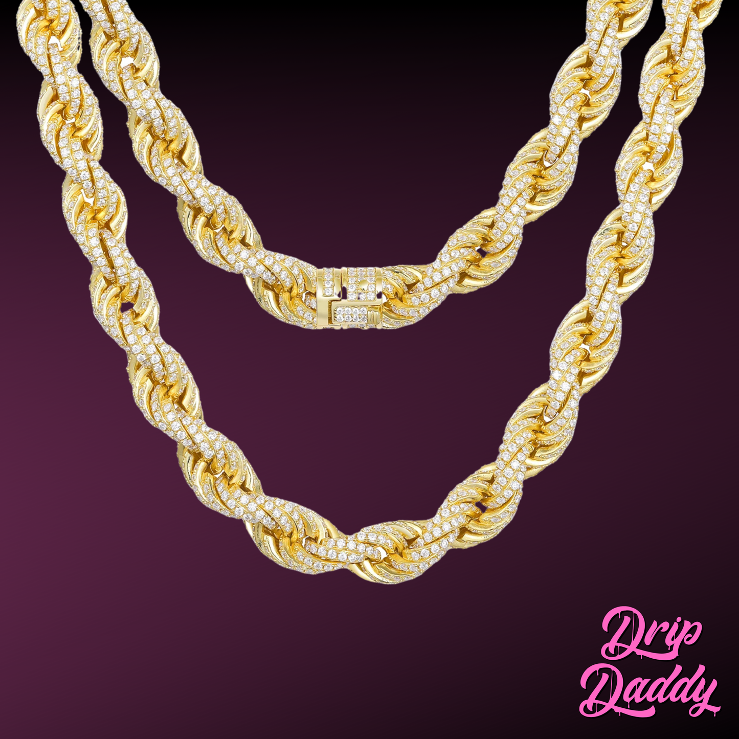 Close-up of Drip Daddy’s Avalanche Rope chain in yellow gold plated with moissanite stones, shown against a dark purple background with the Drip Daddy logo in pink at the bottom right.