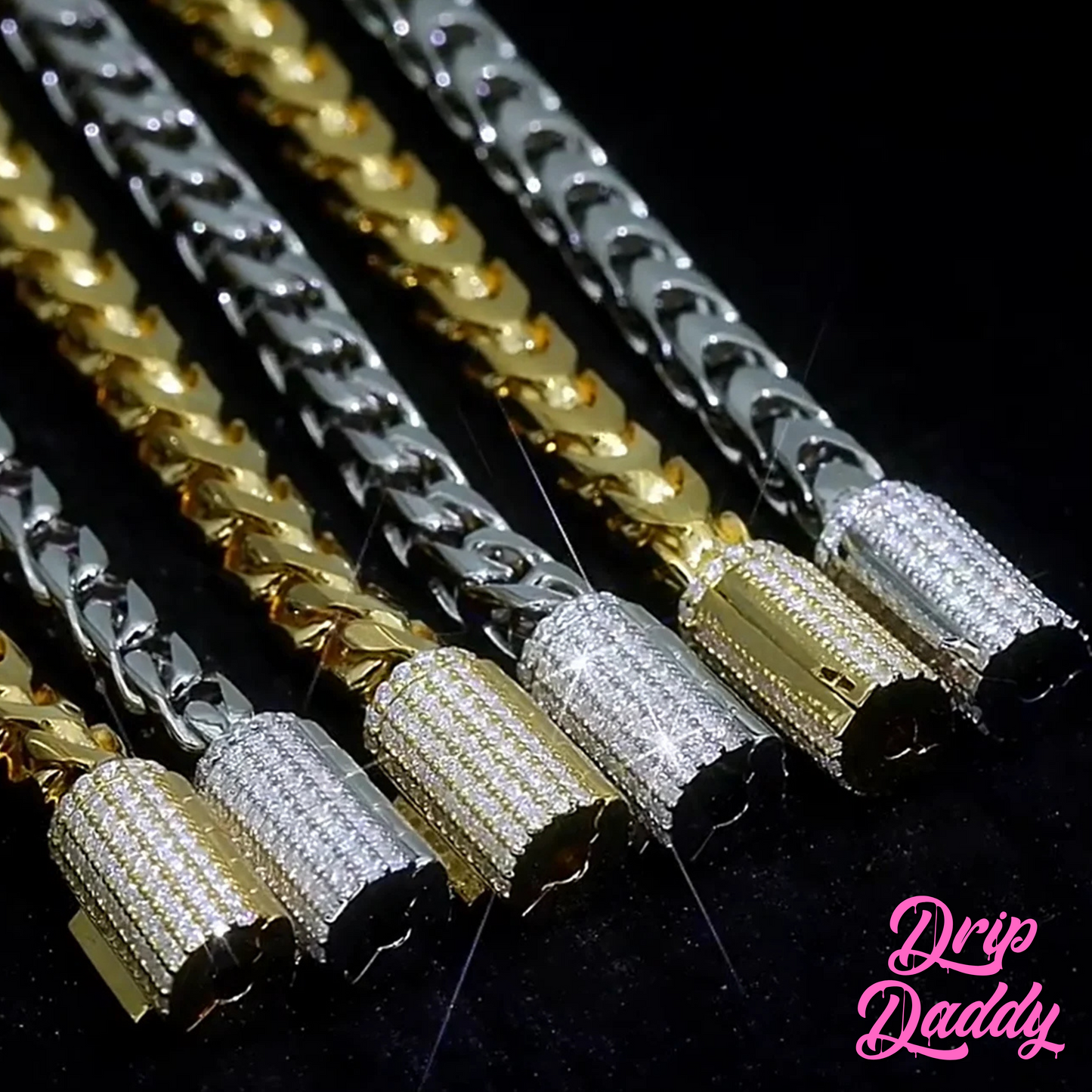 Set of Drip Daddy’s Franco Flex 4mm Franco Chains in yellow gold plating and white gold plating with iced-out moissanite clasps, laid side by side on a dark background, with the pink Drip Daddy logo visible in the bottom right corner.