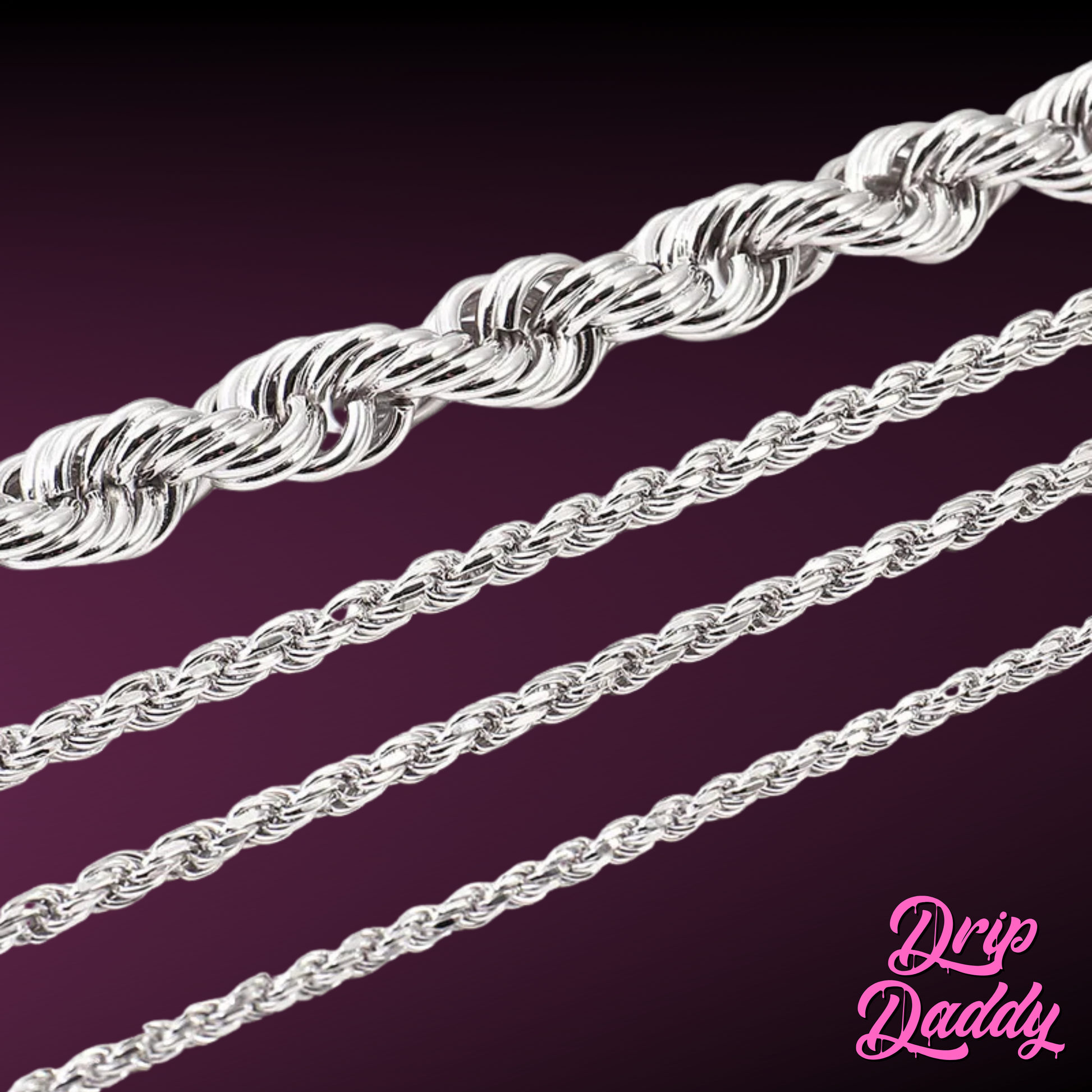 Four Drip Daddy Classic Rope Chains (3mm–12mm, White, Yellow & Rose Gold Plated) are displayed diagonally on a gradient dark purple background, with the pink Drip Daddy logo at the bottom right.