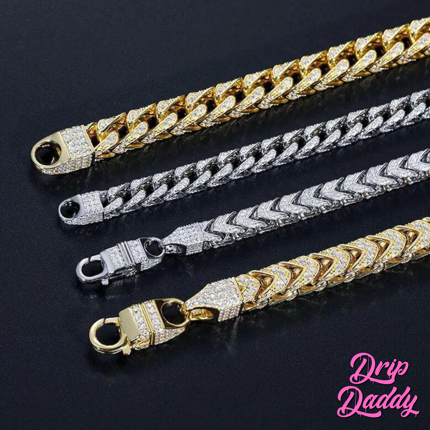 Four Moissanite Franco Chains – 6mm (two white gold plated, two yellow gold plated) by Drip Daddy feature iced-out clasps and are displayed on a black surface. The Drip Daddy pink logo is in the bottom right corner.