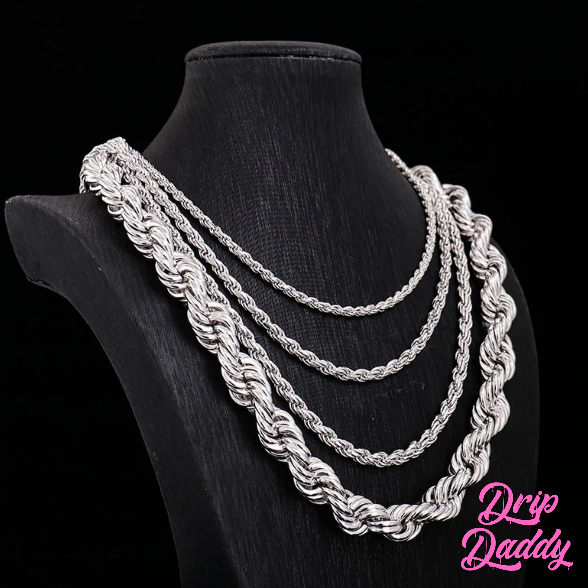 Four Classic Rope Chains (3mm-12mm, White Gold Plated) by Drip Daddy are shown on a black bust against a black background. Drip Daddy appears in pink script at the lower right corner.