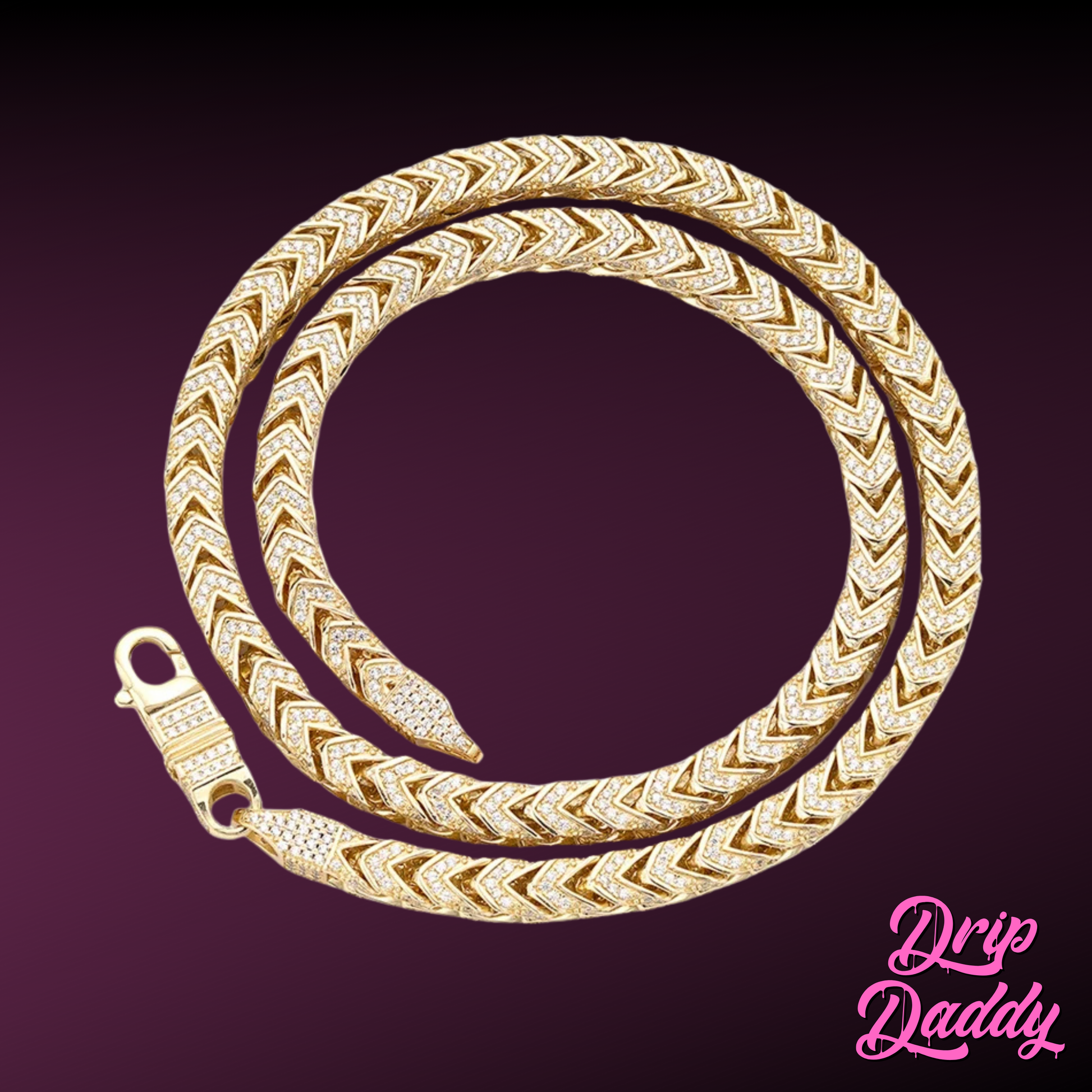 The Drip Daddy Moissanite Franco Chain – 6mm (White & Yellow Gold Plated) is coiled on a dark purple background, with the Drip Daddy logo in pink at the bottom right.