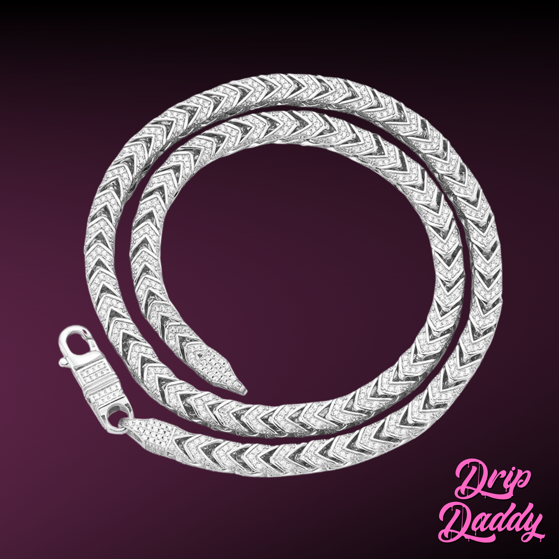 A Moissanite Franco Chain – 6mm (White & Yellow Gold Plated) from Drip Daddy is shown coiled in a spiral on a dark purple background. Drip Daddy appears in pink script at the bottom right.