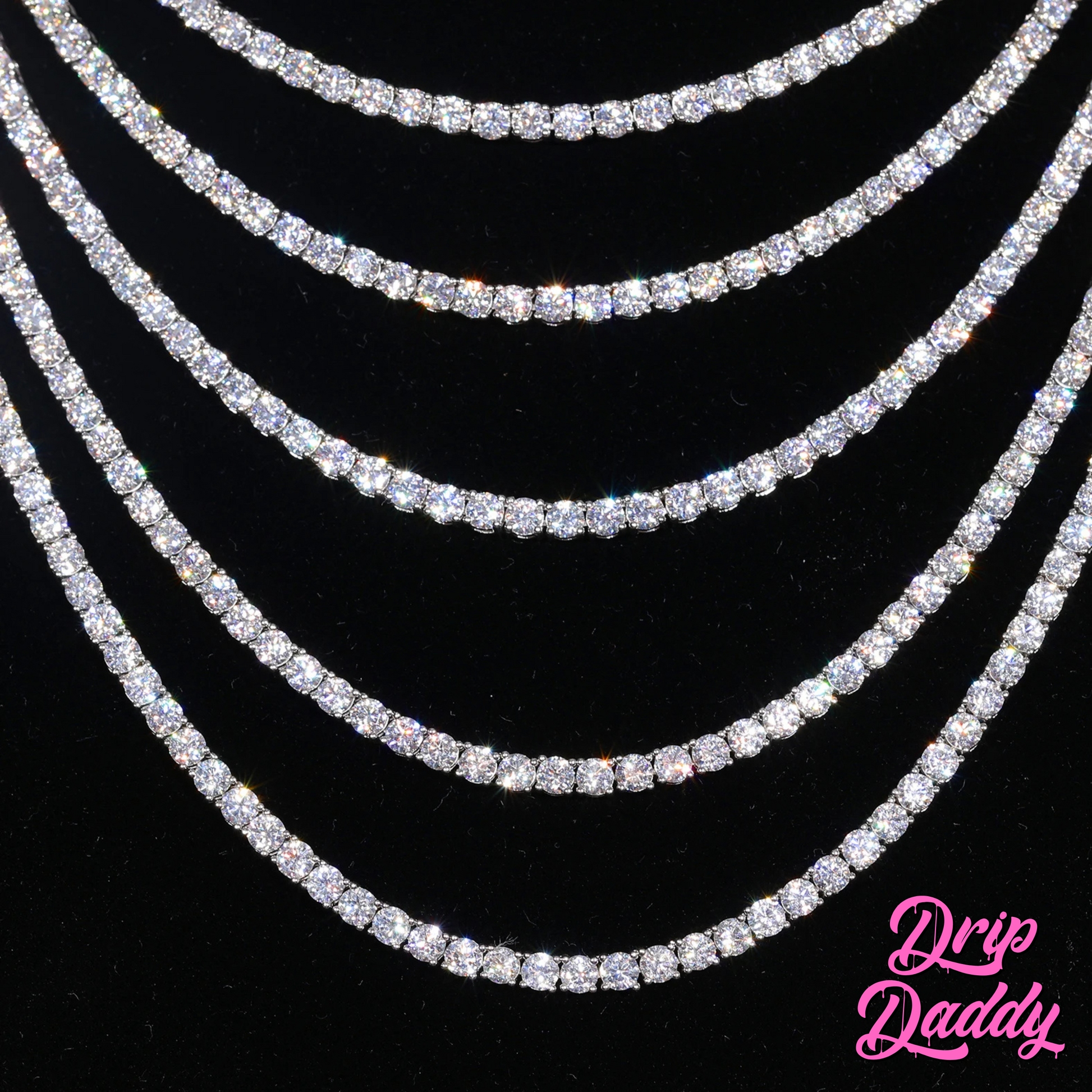 Five Moissanite Tennis Chains (3mm to 6mm, in white, yellow, and rose gold plating) by Drip Daddy are displayed in parallel curves on a black background, with the pink Drip Daddy logo at the bottom right.