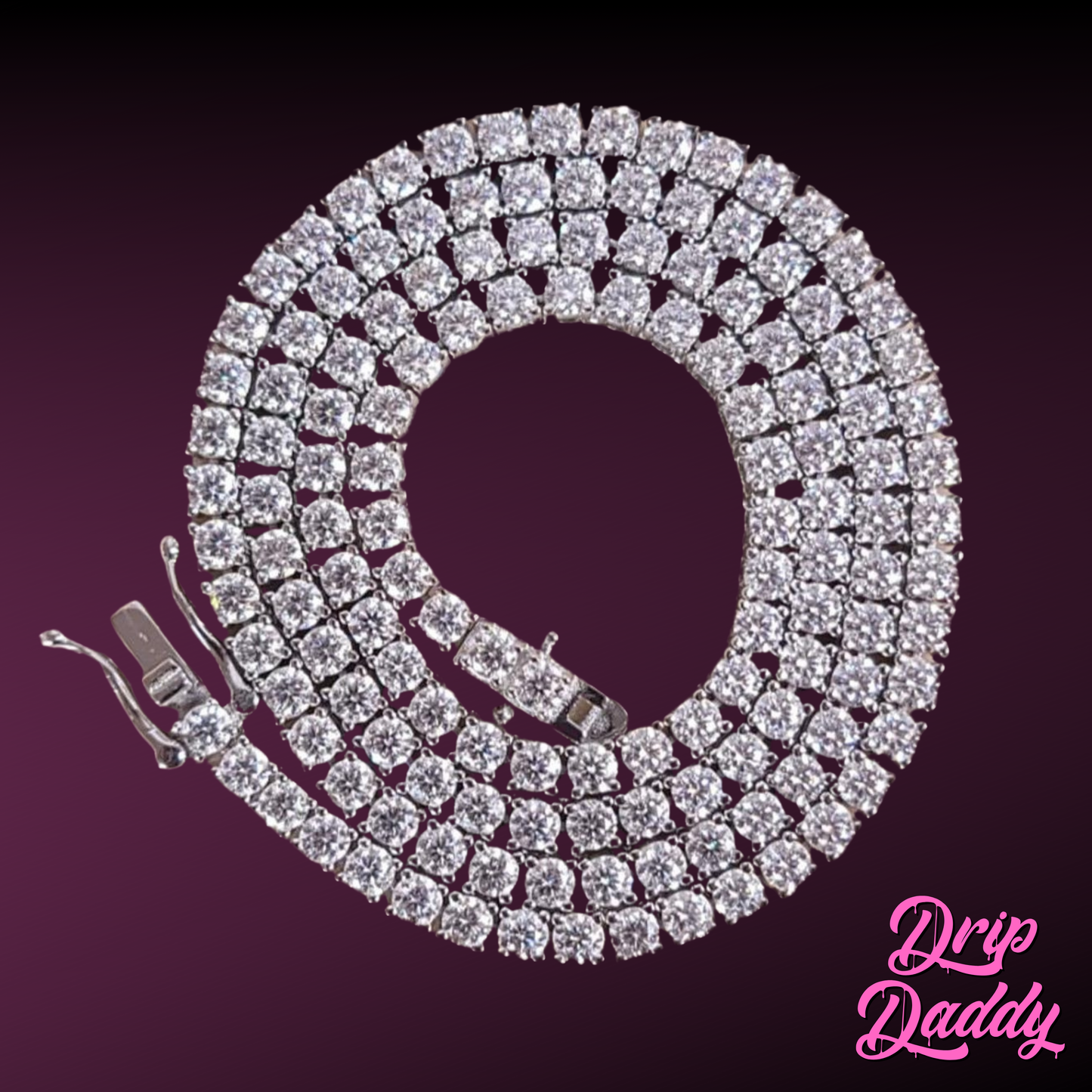The Moissanite Tennis Chain (3mm–6mm, White, Yellow & Rose Gold Plated) from Drip Daddy is coiled in a circle on a dark gradient background, with “Drip Daddy” in pink script at the lower right corner.