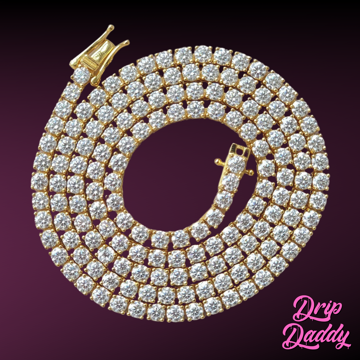 The Moissanite Tennis Chain (3mm-6mm, White, Yellow & Rose Gold Plated) by Drip Daddy shines on a dark gradient background, with Drip Daddy in pink script at the lower right corner.