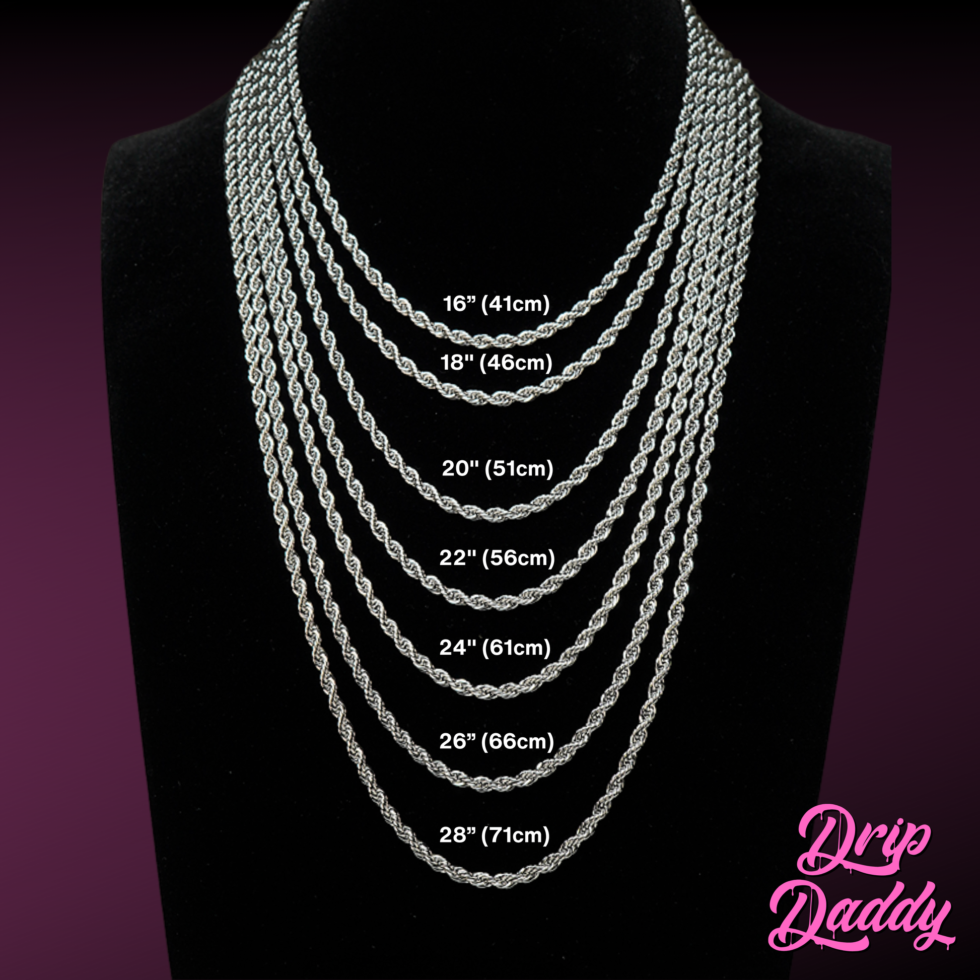 A black display bust showcases Drip Daddy’s chain length guide, with moissanite chains shown in standard lengths from 16” (41 cm) to 28” (71 cm). Each chain is labeled with its length for easy comparison. The background features a dark gradient with the pink Drip Daddy logo in the corner.