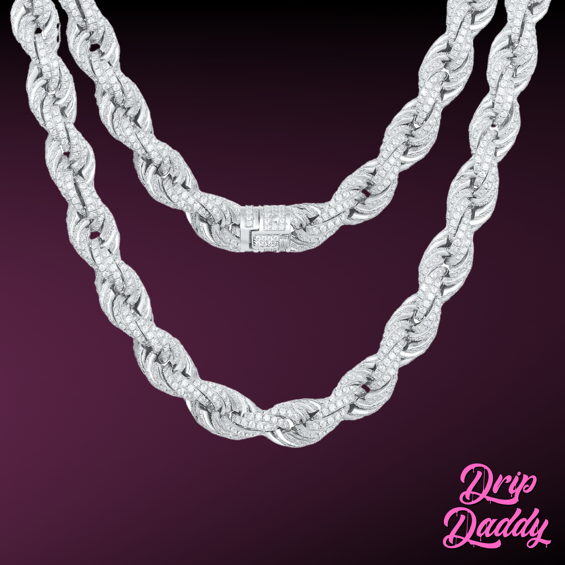 Close-up of Drip Daddy’s Avalanche Rope chain in white gold plated with moissanite stones, shown against a dark purple background with the Drip Daddy logo in pink at the bottom right.