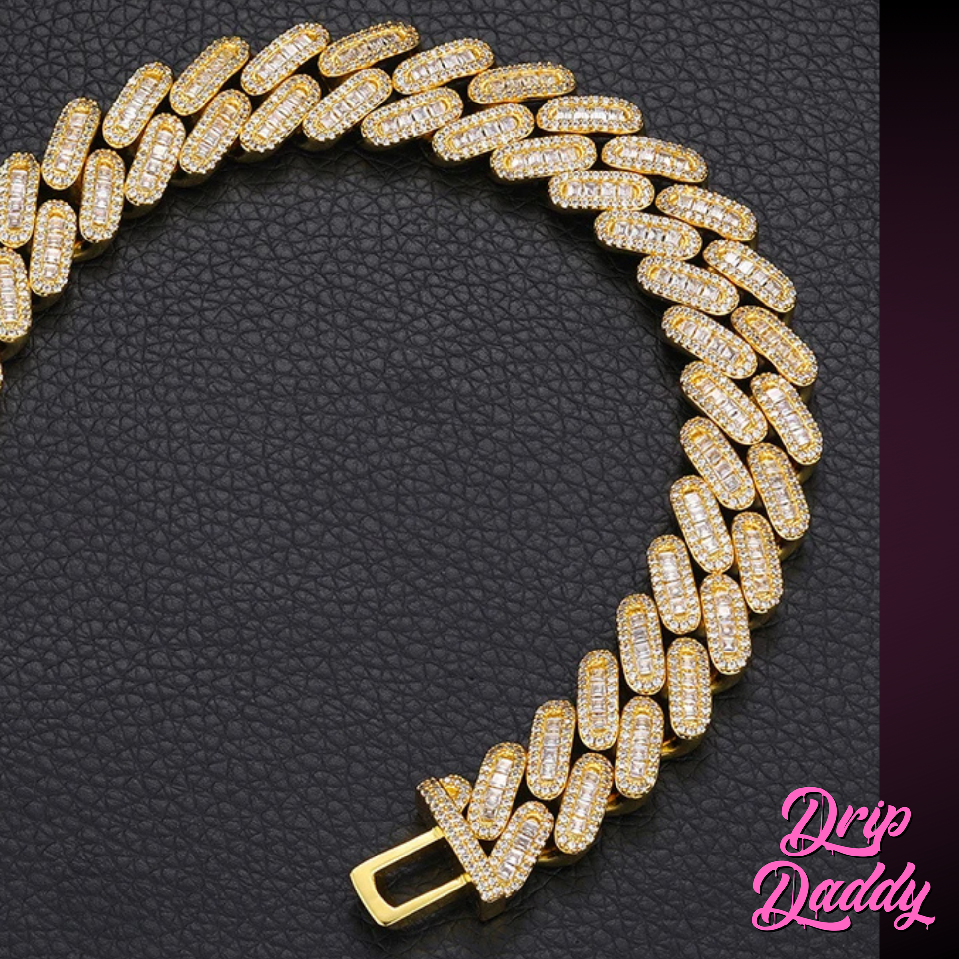 Drip Daddy’s Capsule – Mixed-Cut Cuban Chain in 14mm yellow gold plating, displayed on a black textured background with shimmering diamond accents. The Drip Daddy logo is visible in pink at the bottom right.