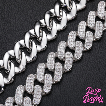 Side-by-side comparison of Drip Daddy’s Capsule – Mixed-Cut Cuban Chains, one in polished white gold and one in diamond-encrusted 28mm white gold plating. The Drip Daddy logo is featured in pink at the bottom right.
