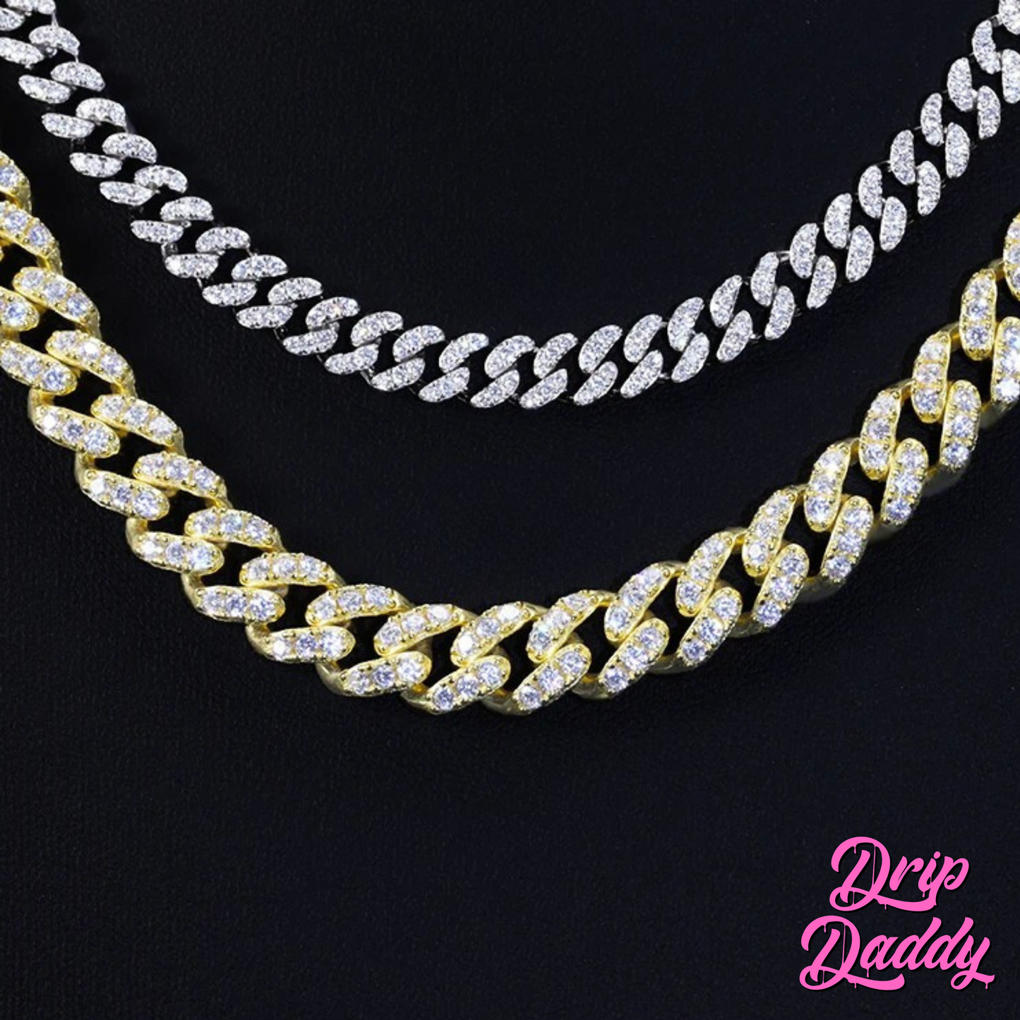 Close-up of Drip Daddy’s Frosted Miami Cuban Link Chain in 18mm, crafted in yellow gold plating with moissanite stones, displayed against a black background with the Drip Daddy logo in pink at the bottom right.