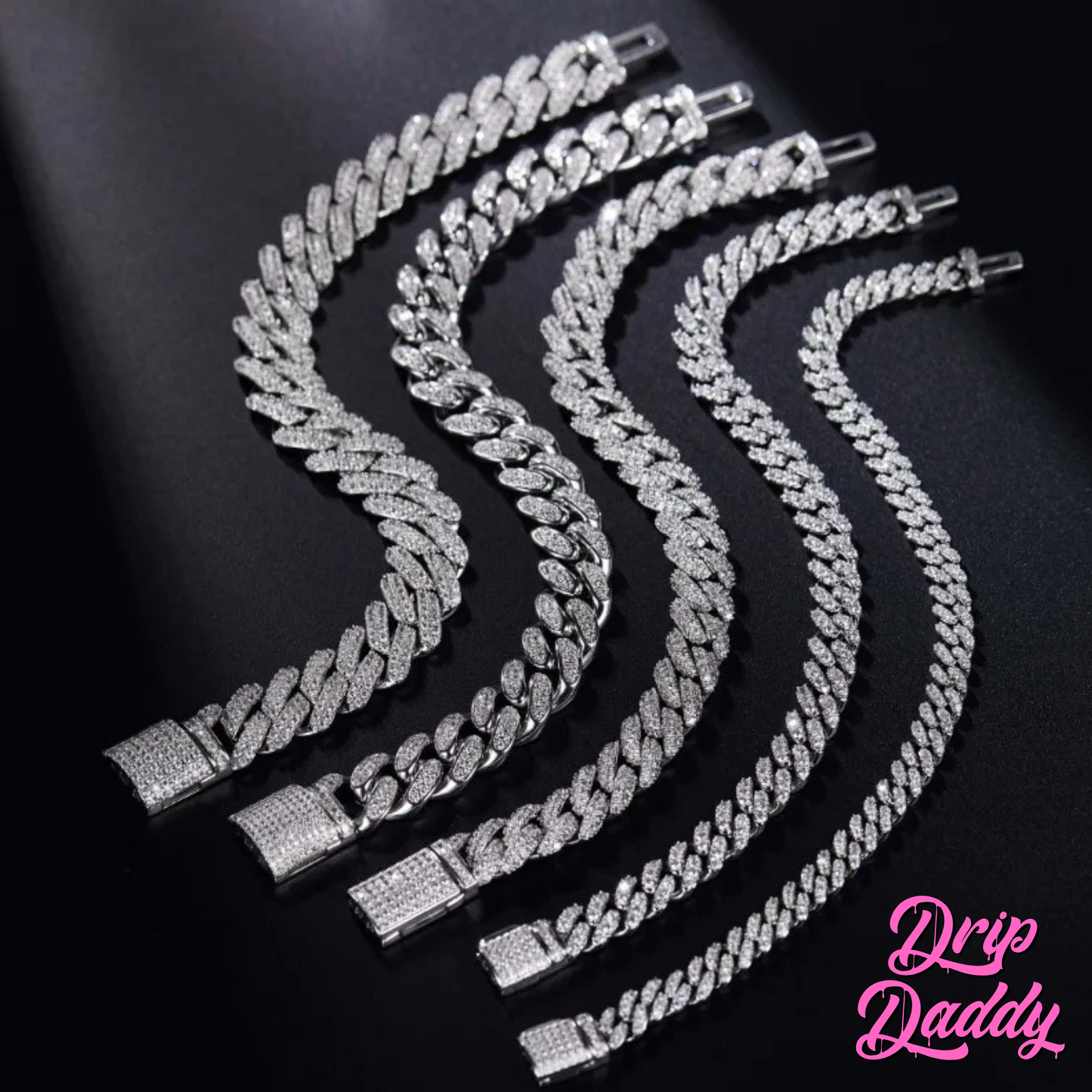 Close-up of Drip Daddy’s Frosted Miami Cuban Link Chain set in varying sizes from 8mm to 18mm, crafted in white gold plating with moissanite stones, displayed in a row on a black surface with the Drip Daddy logo in pink at the bottom right.