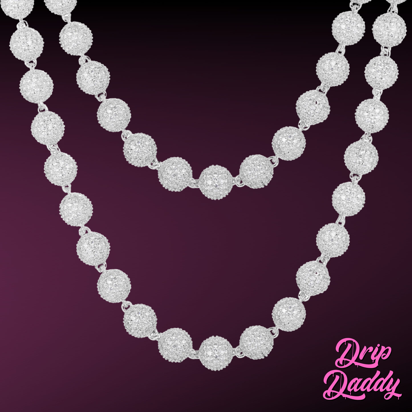 Close-up of Drip Daddy’s Ice Orbit 5mm to 10mm moissanite chain in white gold plated finish, focusing on the detailed iced round links, displayed against a gradient dark-to-light purple background, with the Drip Daddy logo in pink at the bottom right corner.