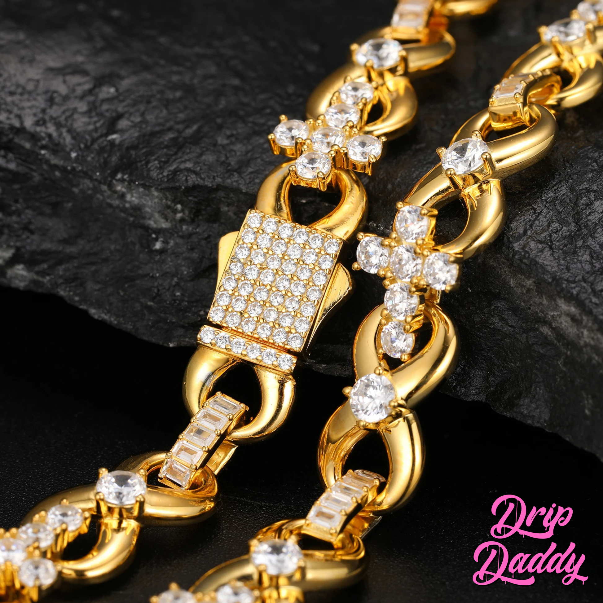 Close-up of Drip Daddy’s Infinity Cross Plain – 10mm Mixed Link Chain in yellow gold plating, showcasing diamond-studded links and clasp against a dark background with the Drip Daddy logo in pink.