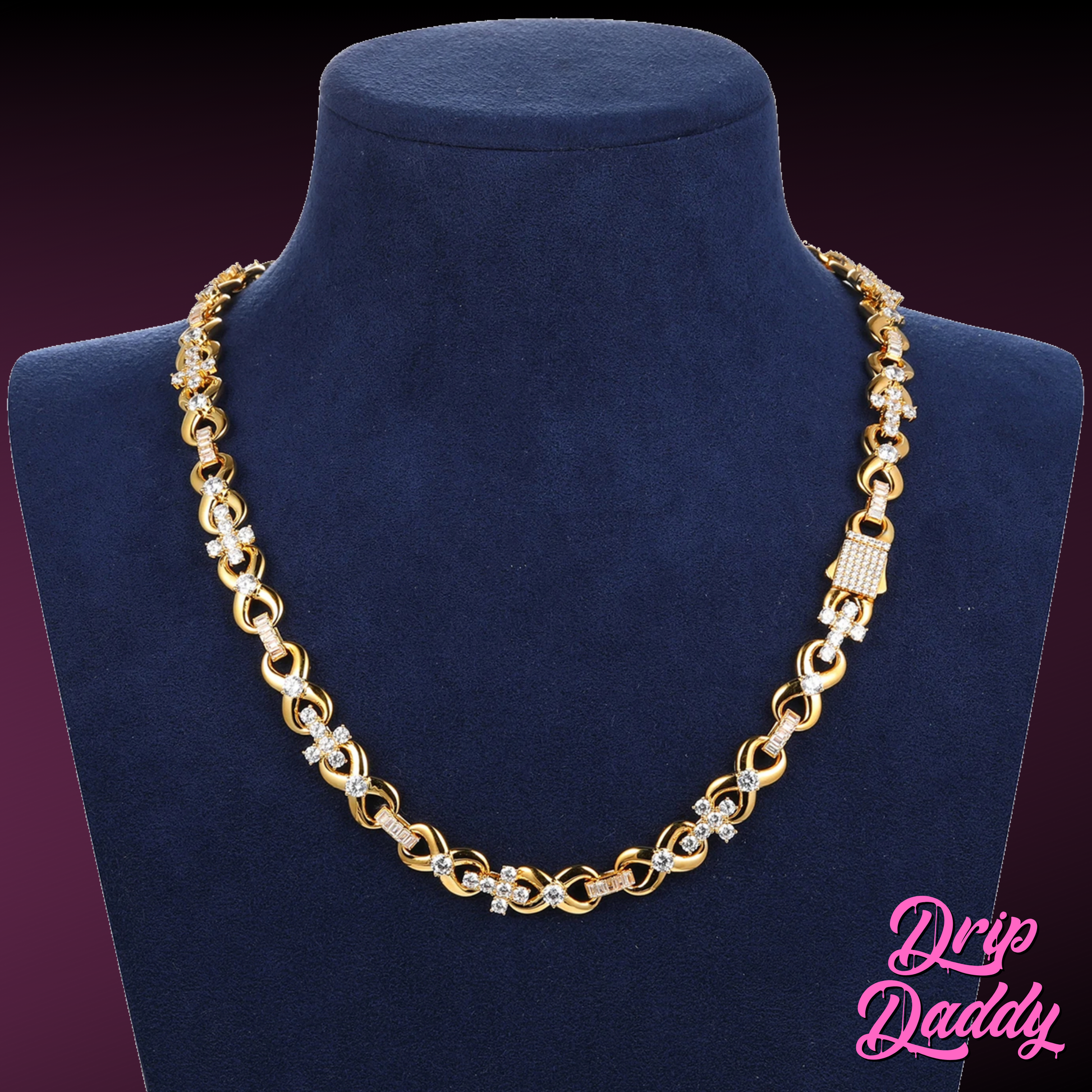 The Infinity Cross Plain – 10mm Mixed Link Chain in yellow gold by Drip Daddy, displayed on a blue mannequin bust. The Drip Daddy logo is seen in pink at the bottom right.