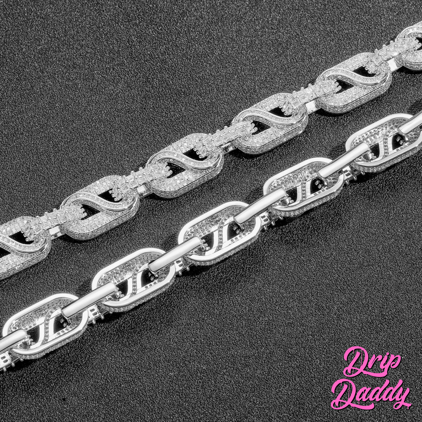 Two Snowdrift chains by Drip Daddy – 14mm baguette and round moissanite iced-out link necklaces in white and yellow gold plating, displayed side by side on a black surface.