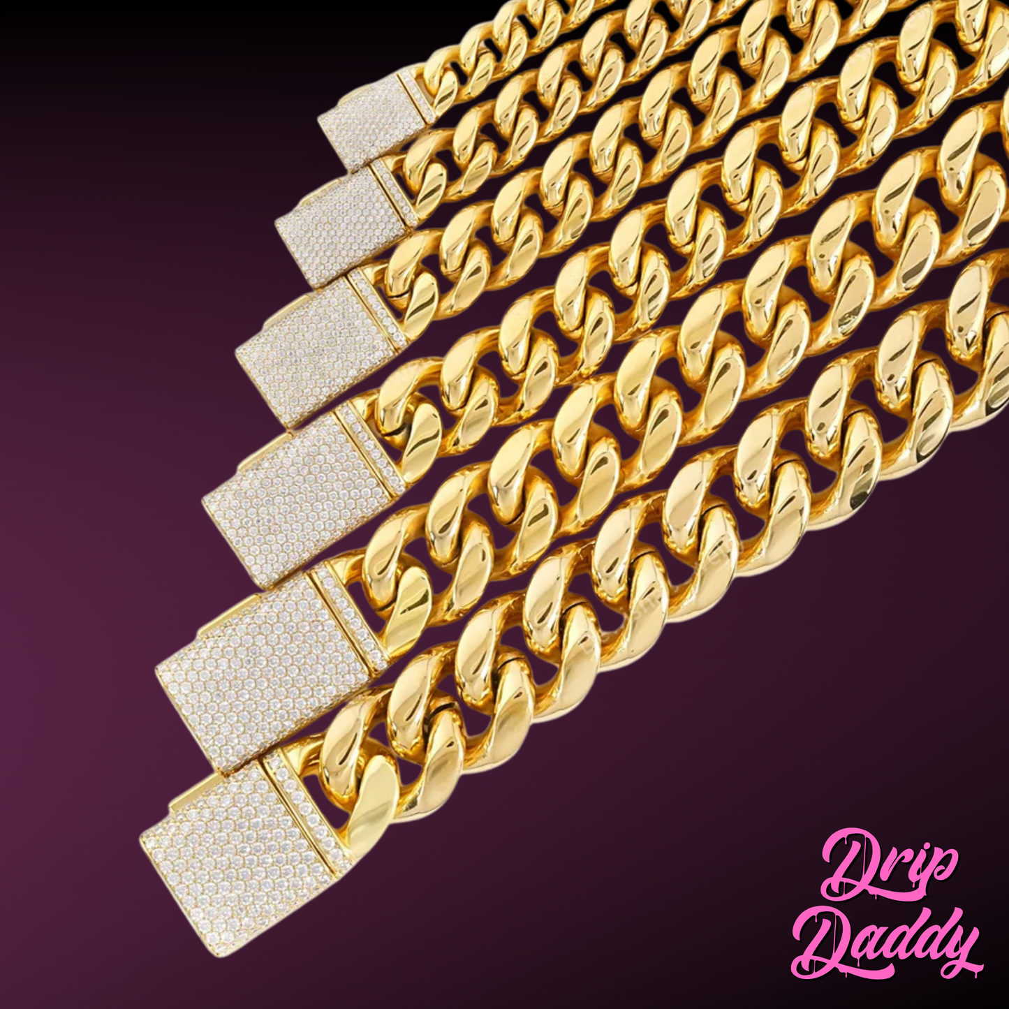 Close-up of Drip Daddy’s The Classic Miami Cuban Link Chains in yellow gold plated finish, shown in a staggered display set with iced-out box clasps against a gradient burgundy background, with the Drip Daddy logo in pink at the bottom right corner.