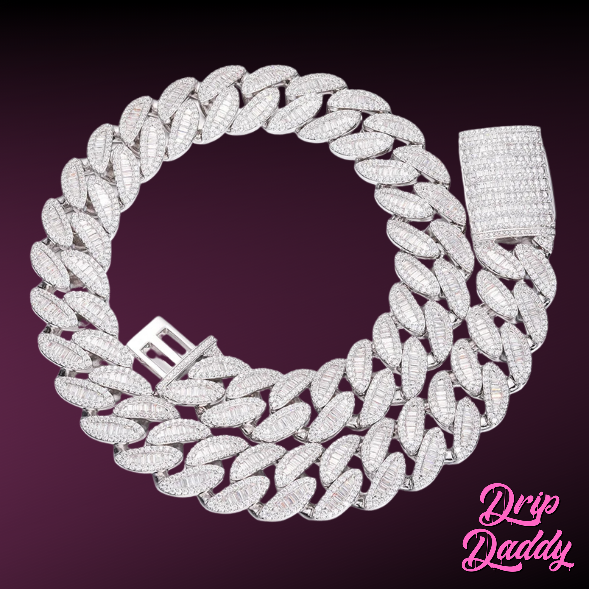 Close-up of Drip Daddy’s The Enforcer 20mm Mixed-Cut Cuban Link Chain in white gold with diamond detailing, displayed on a purple background with the Drip Daddy logo in pink at the bottom right corner.