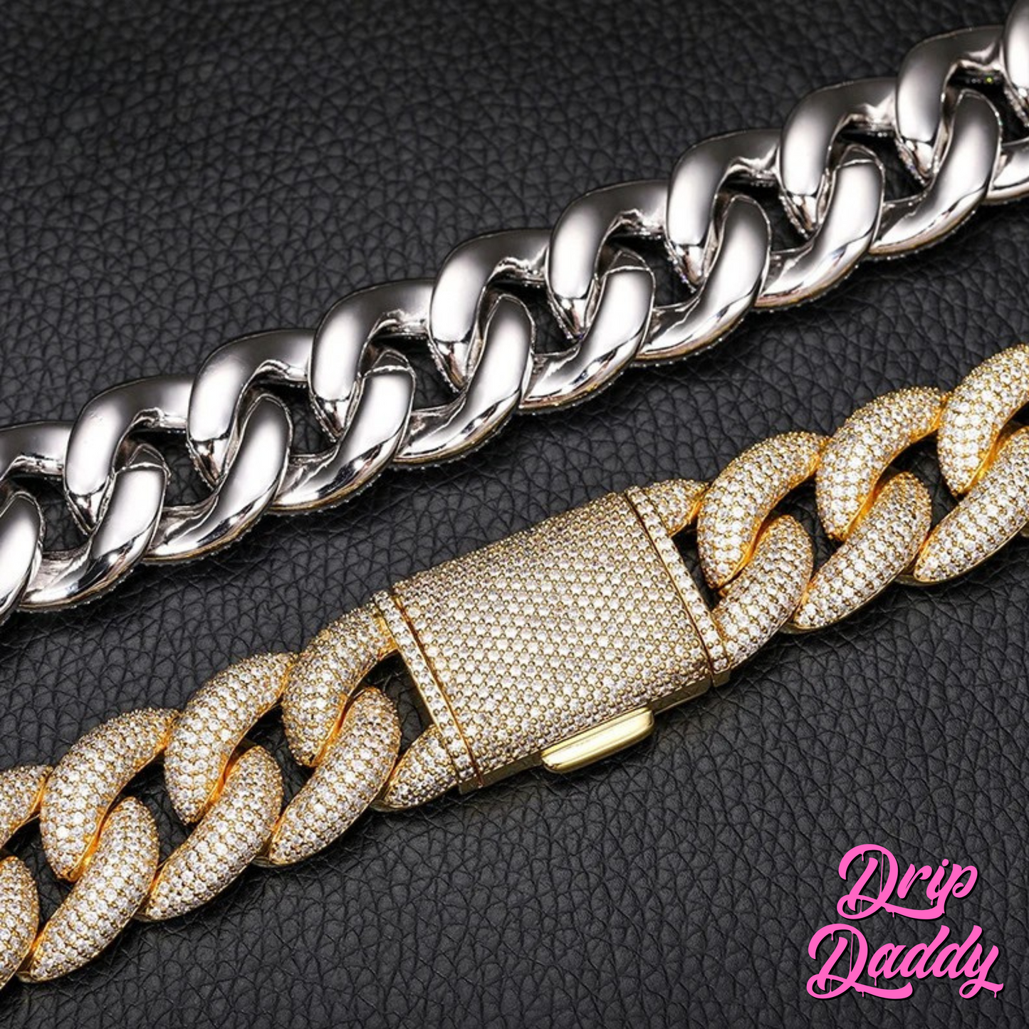 Close-up of Drip Daddy’s The Heavy Hitter 20mm to 30mm Moissanite Miami Cuban Link Chain in yellow gold plated finish, displayed on a black textured surface alongside a polished white gold link chain, with the Drip Daddy logo in pink in the bottom right corner.