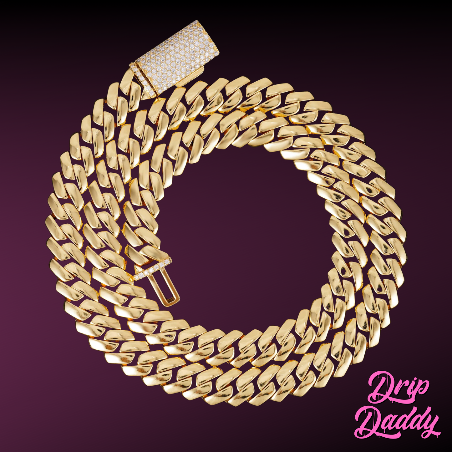 Flat lay of Drip Daddy’s The Hustler Cuban Link Chain in yellow gold plated finish coiled neatly with a fully iced clasp on a gradient burgundy background, with the pink Drip Daddy logo visible in the bottom right corner.