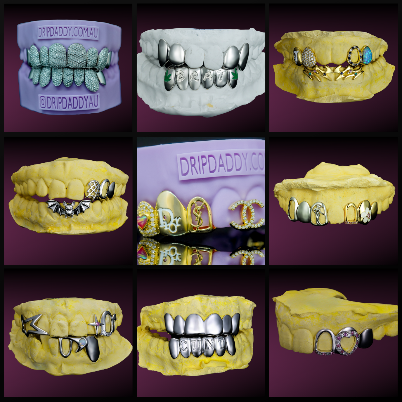Collection of luxury custom grillz by Drip Daddy featuring gold, silver, opal, diamond, and designer logo designs.