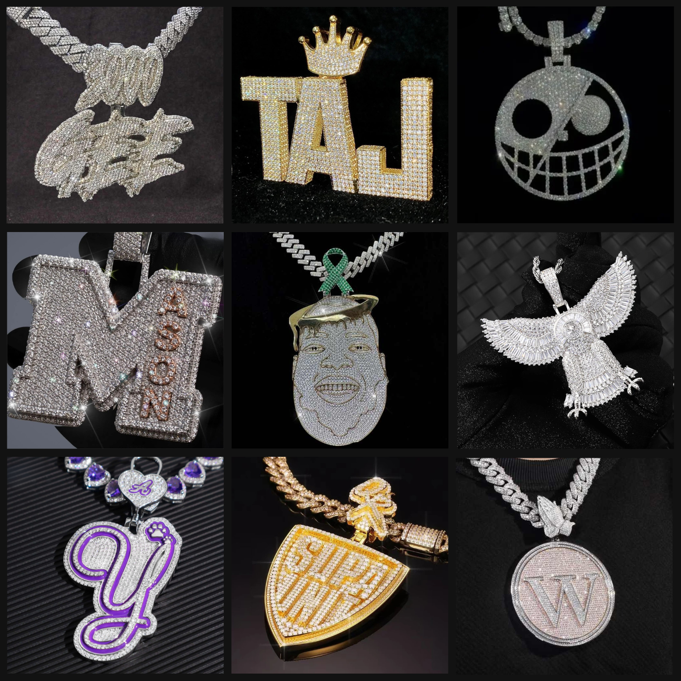Assorted custom diamond pendants featuring names, logos, and creative designs with moissanite stones and gold plating.