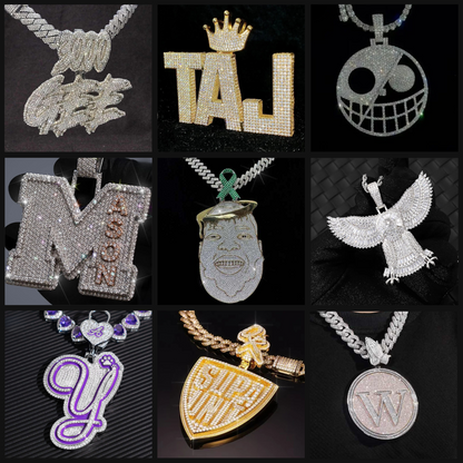 Assorted custom diamond pendants featuring names, logos, and creative designs with moissanite stones and gold plating.