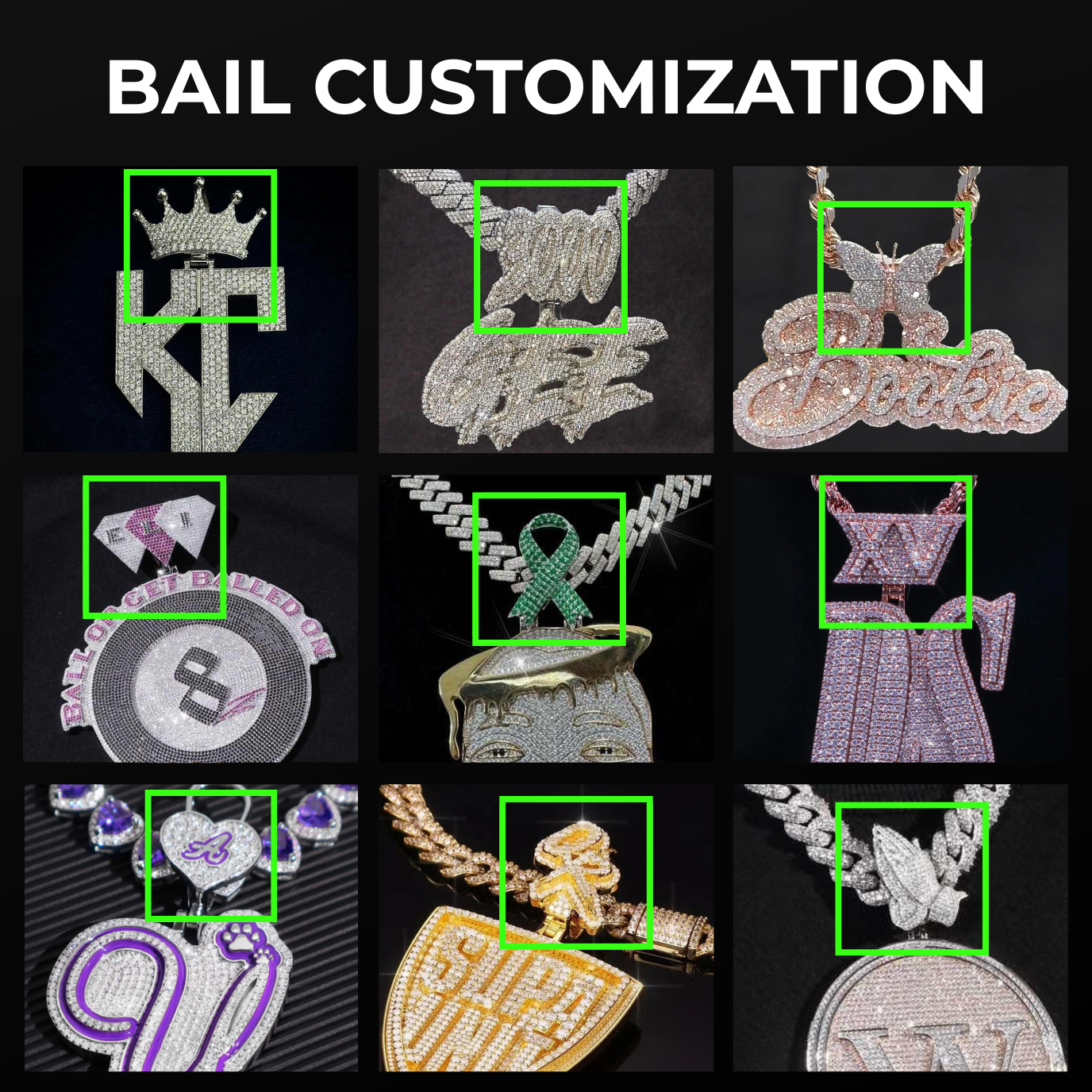 Custom pendant bail customization options from Drip Daddy, showcasing different bail styles for unique jewelry pieces.