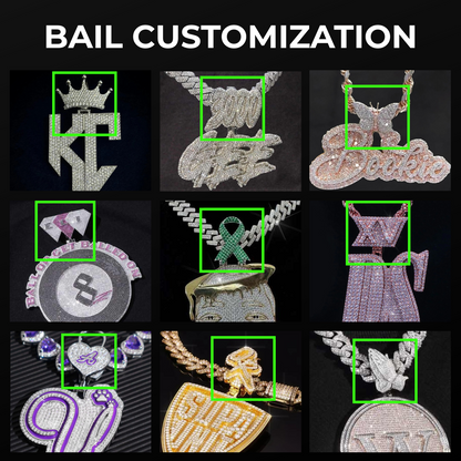 Custom pendant bail customization options from Drip Daddy, showcasing different bail styles for unique jewelry pieces.