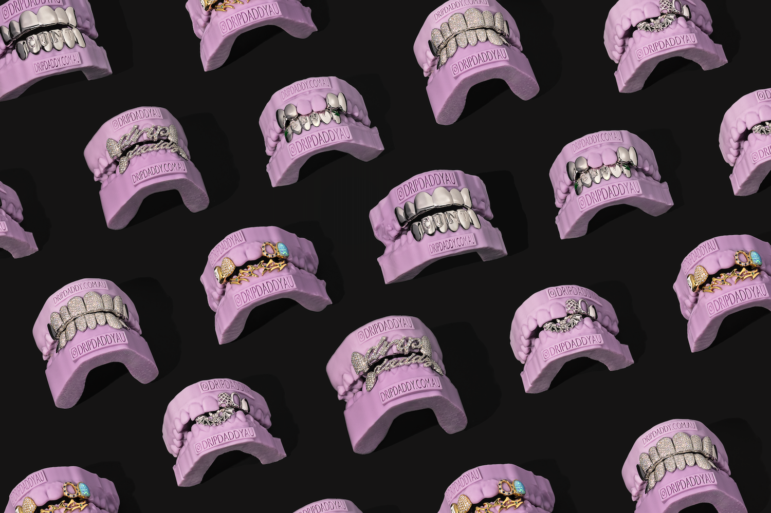 Custom Drip Daddy grillz banner featuring gold and silver iced-out designs with unique patterns, enamel details, and gemstone accents, displayed on purple dental molds.