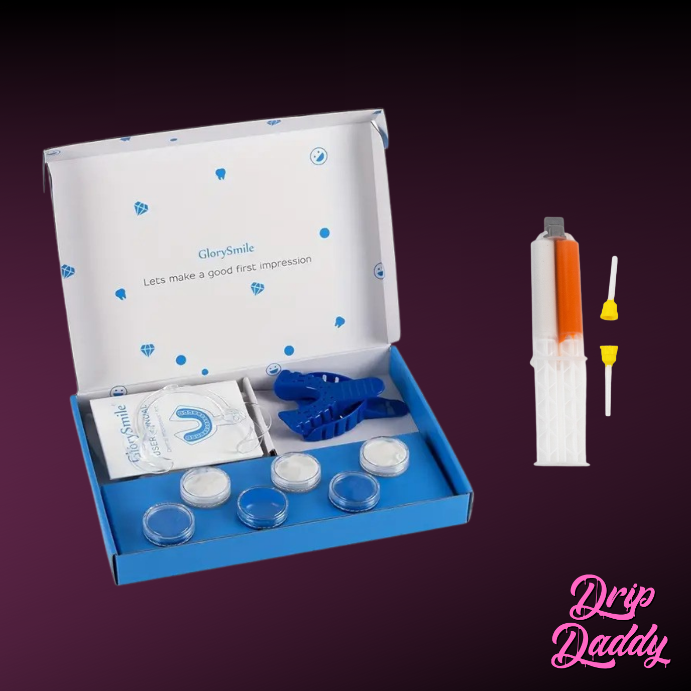 Drip Daddy at-home dental impression kit for custom grillz, including mouth trays, molding putty, light body syringe, and mixing tips, packaged in a branded box.