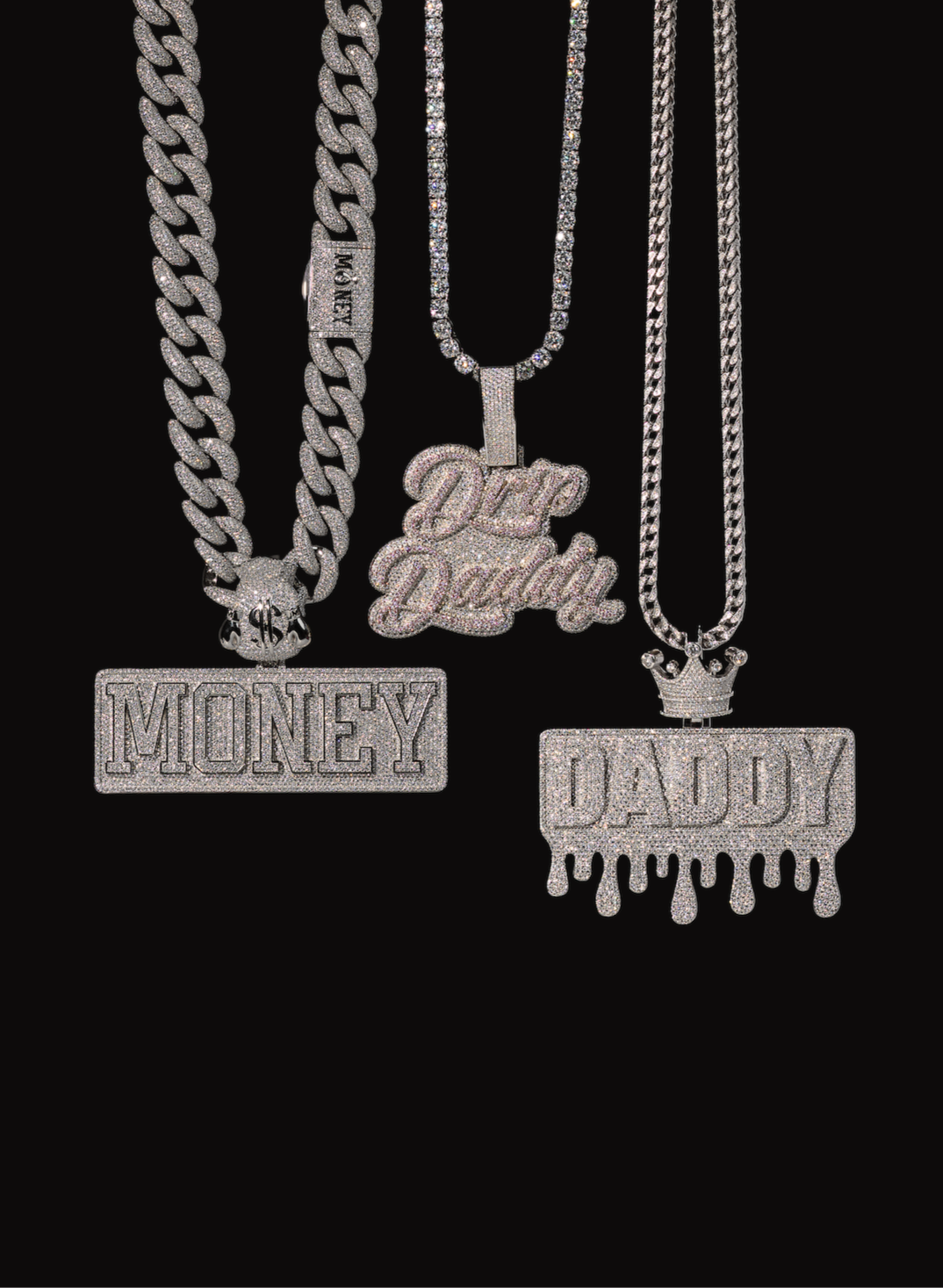 Iced-out custom pendant chains featuring ‘MONEY’, ‘DADDY’, and ‘Drip Daddy’ designs, fully covered in moissanite stones with bold lettering on thick silver chains, luxury hip-hop jewelry collection.