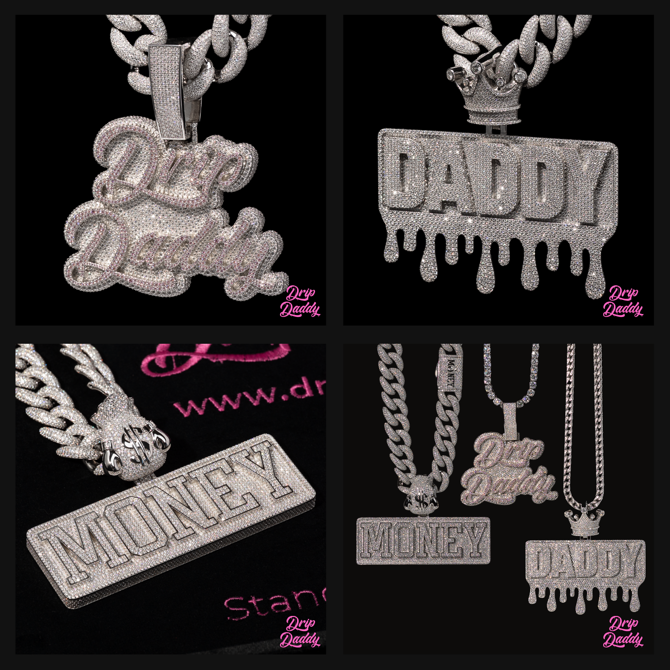 Iced-out custom pendants from Drip Daddy featuring unique money, daddy, and drip-themed jewelry designs with moissanite stones.