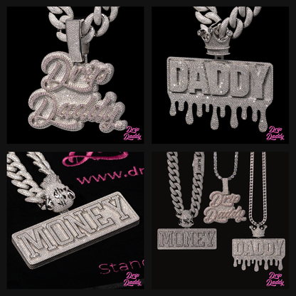 Iced-out custom pendants from Drip Daddy featuring unique money, daddy, and drip-themed jewelry designs with moissanite stones.