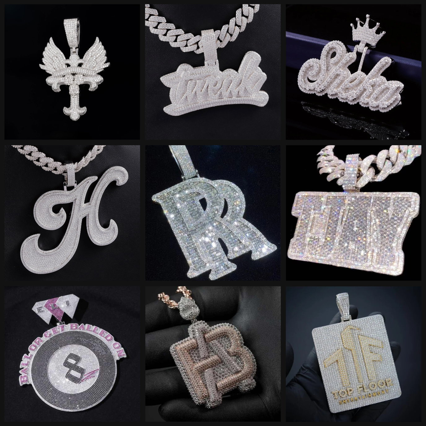 Personalized iced pendants with initials, text, and logo designs in custom moissanite and gold finishes.