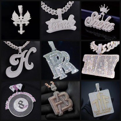 Personalized iced pendants with initials, text, and logo designs in custom moissanite and gold finishes.