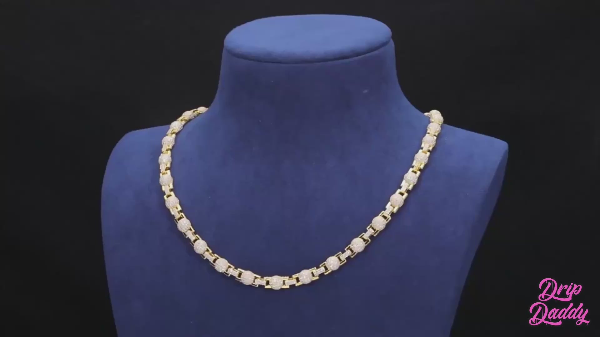 Promotional video showcasing Drip Daddy’s Juggernaut Bead Link Chain in white gold plating with moissanite stones. The chain is presented in different lighting and angles to highlight its bold bead-link design, shimmer, and luxurious finish.