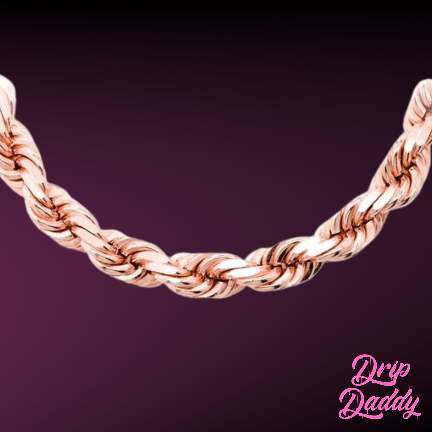 A close-up of Drip Daddy’s Classic Rope Chain (3mm–12mm, white, yellow & rose gold plated) on a dark purple gradient background, with the Drip Daddy logo in pink script at the bottom right.