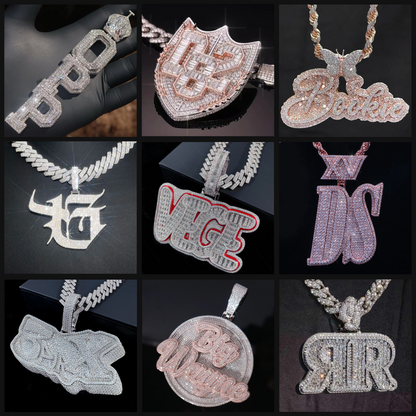 Streetwear-inspired custom pendant designs featuring iced-out letters, shield logos, and signature drip jewelry styles.